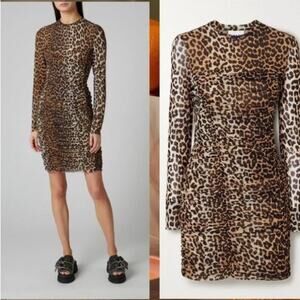 Ganni Leopard Print Mesh Ruched Dress Size 38 / US 6